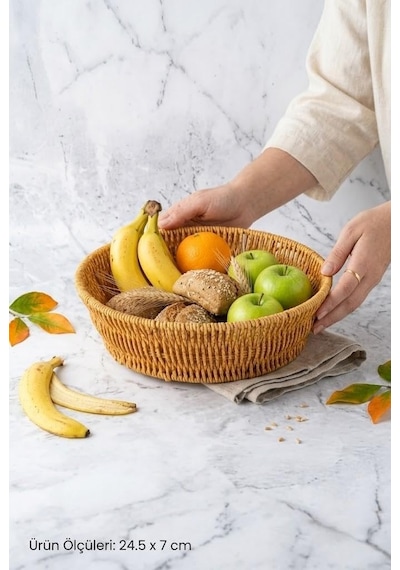 Yuvarlak Rattan Ekmek Sepeti 24.5x7 Cm - El Örmesi Hasır Meyvelik Ve Sunum Sepeti Diğer