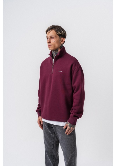 Erkek Respire Yazı Detaylı Yarım Fermuarlı Basic Sweatshirt Vişne Bordo