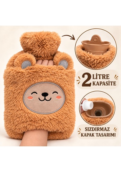 Sıcak Su Torbası Peluş Ultra Yumuşak Kumaş, Kokusuz, Cepli, 2 Litre Büyük Boy, Ayıcık Desenli, Tutuş Cep Bölm Genel