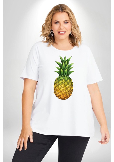 Angemiel Ananas Meyve Beyaz Büyük Beden Kadın Erkek Ünisex Basic Ön Baskılı Tişört Beyaz