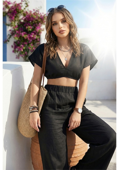 Fashion Cocktail Relax İnce Keten Bel Lastikli Pantolon Sırt Lastikli Damla Model Göbek Açık Bohem Crop Yazlık Takım Siyah Fashion Cocktail Relax İnce Keten Bel Lastikli Pantolon Sırt Lastikli Damla Model Göbek Açık Bohem Crop Yazlık Takım Siyah
