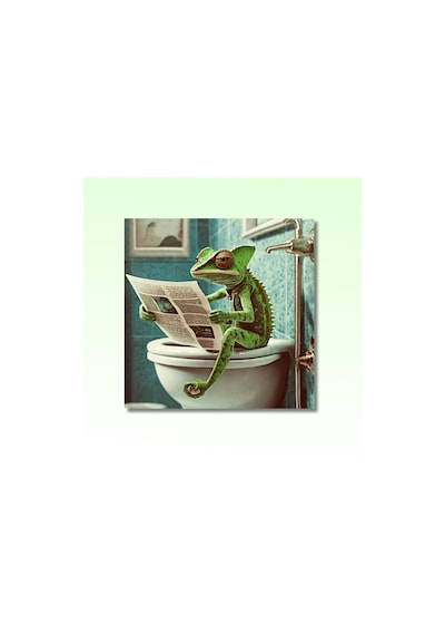 Tekli Kare Kanvas Banyo Tablosu Gazete Okuyan Yeşil Bukalemun Kanvas Çok Renkli Çerçevesiz