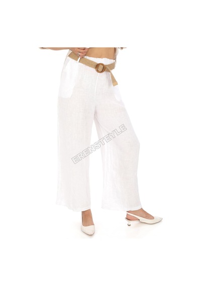 Eren Style İtalyan Kemerli Keten Pantolon-9200 Beyaz