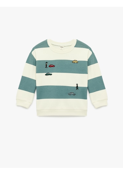 Koton Uzun Kollu Bisiklet Yaka Nakışlı Pamuklu Çizgili Sweatshirt Mavi Çizgili 6smb10112tk Mavi
