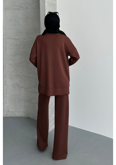 Feela Moda Kadın Modal Penye Oversize Tesettür Tunik Takım 2020 Kahverengi