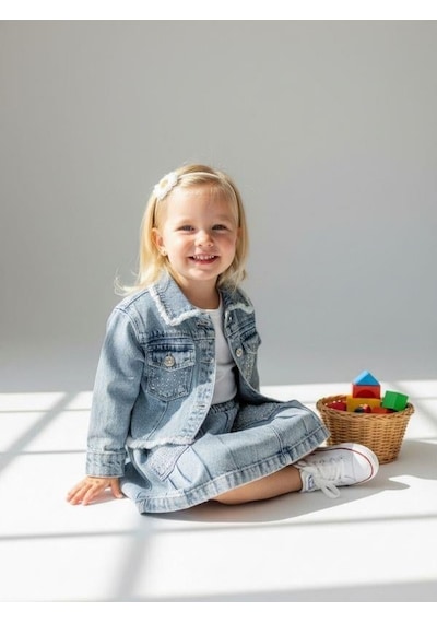 Zekids Kız Bebek Taşlı Denim Ceket-16880 Mavi
