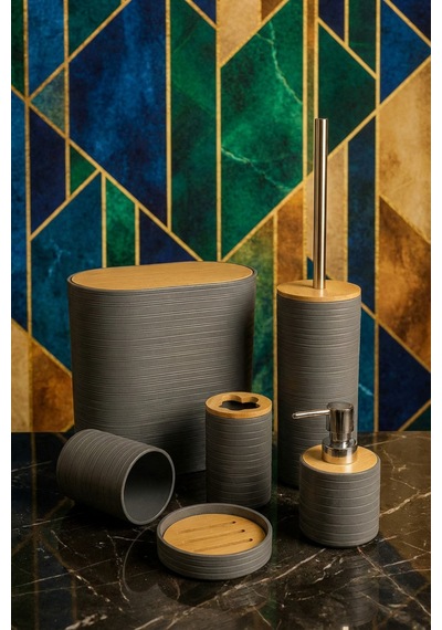 Makri Home 6'lı Banyo Seti, Bambu Kapaklı, Gri, Oval, 8 Litre Gri