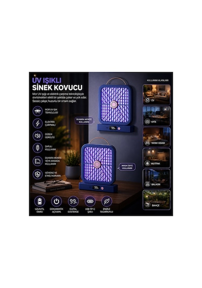Uv Işıklı Sinek Kovucu Şarjlı Elektrik Çarpmalı Dijital Ekranlı Böcek Öldürücü