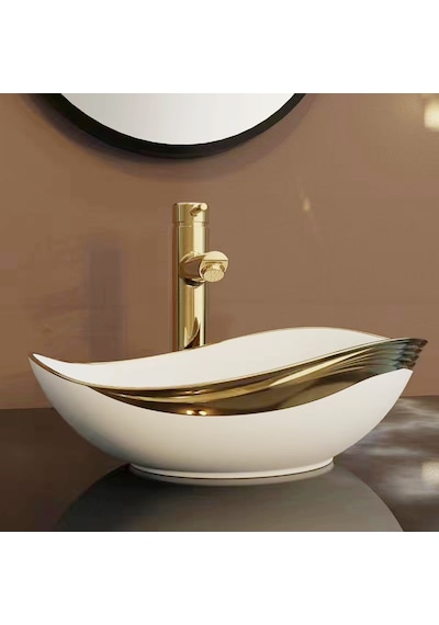 Ey-4830a Parlak Beyaz & Altın Tezgah Üstü Lavabo Altın - Beyaz