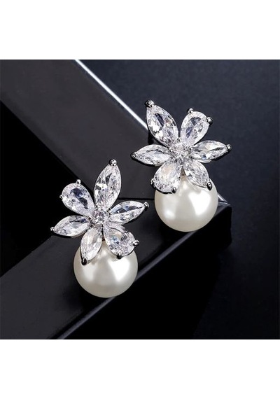Monemel Kristal Taşlı İnci Detaylı Kristal Küpe Altın Kaplama Gümüş - Rodyum