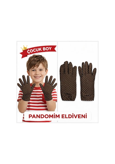 Çocuk Boy Pandomim Eldiveni Beyaz Puantiyeli Kahve Renk Gösteri Eldiveni 23 Nisan 19 Mayıs