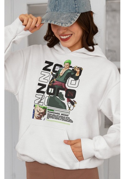 Sevbano Roronoa Zoro Baskılı Unisex Oversize One Piece Anime Karakter Hoo beyaz