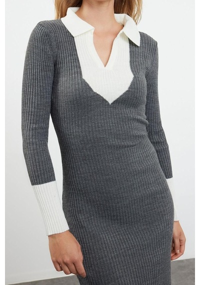 Ersefa Moda Slim Casual Günlük Fitilli Triko Polo Yaka Uzun Kol Bodycone Antrasit