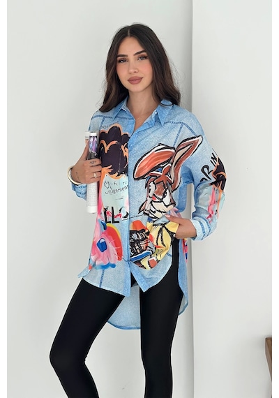 Asprin Fashion Tavşan Baskılı Jeans Efektli Tunik Renkli