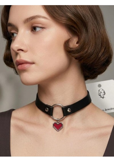 Siyah Pu Deri Haç Figürlü Choker Kolye Gümüş Renk Halka Detaylı Gotik Tarz Kadın Kolye Gtk66 Kırmızı