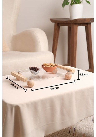Ahşap Top Ayaklı Pleksi Şeffaf Dekoratif Tepsi, Düzenleyici,sunumluk 005166 10'li Paket