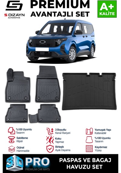 S-dizayn Ford Courier 3d Pro Havuzlu Paspas Ve Bagaj Havuzu Seti 2'li Set 2023 Üzeri A+ Kalite