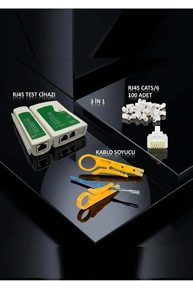 3 İn 1 Set Network Test Cihazı Rj11 Rj45 + Kablo Soyucu + 100 Adet Rj45 Cat5/6e Network Aksesuarları