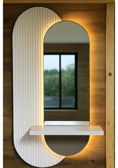 Aynalı Lüks Modern Led Duvar Dekoru Raflı Tasarım Uzaktan Kumandalı Ambiyans Işığı 110x46 Cm Beyaz