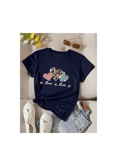 Medinenur Kalp Baskılı Basic T-shirt Lacivert