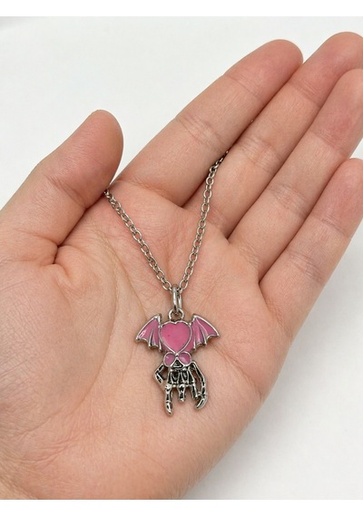 Gotik Kalp Kanatlı İskelet El Kolye Pembe Detaylı Unisex Metal Zincir Çok renkli