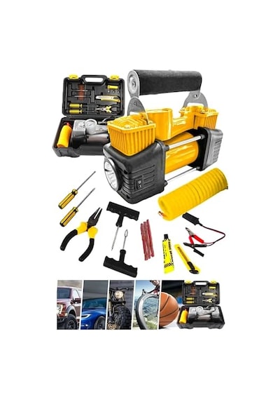 Moonshop Çift Pistonlu Araç Lastik Şişirme Kompresörü, Çok Renkli, 12v, 150 Psı, Led Aydınlatmalı, Taşıma Ça