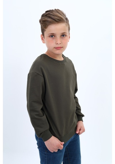 Toontoy Kids Toontoy Erkek Çocuk Pamuklu Bisiklet Yaka Baskılı Basic Sweatshirt 22996 Haki