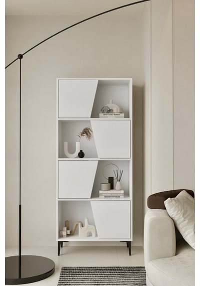 Roma Kitaplık 175 Cm - Vitrin - Gümüşlük 100% Mdf Metal Ayak Beyaz