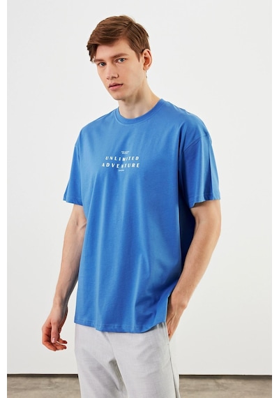 Leo Erkek Oversize Tshirt Pamuk Bisiklet Yaka Baskı Detaylı Basic Tişört Mtlce82 Mavi