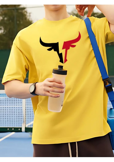 Boğa Sembol T-shirt - Sarı Baskılı Oversize Bisiklet Yaka Kısa Kol Tişört Sarı