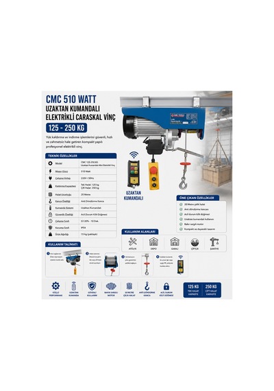 Cmc 510 Watt Uzaktan Kumandalı Elektrikli Caraskal Vinç 125-250 Kg