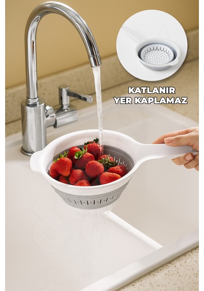 5'li Akordiyon Süzgeç Seti - Pirinç, Oval, Yuvarlak, Saplı, Kare Süzgeç - Katlanır Süzgeç Seti Beyaz - Gri