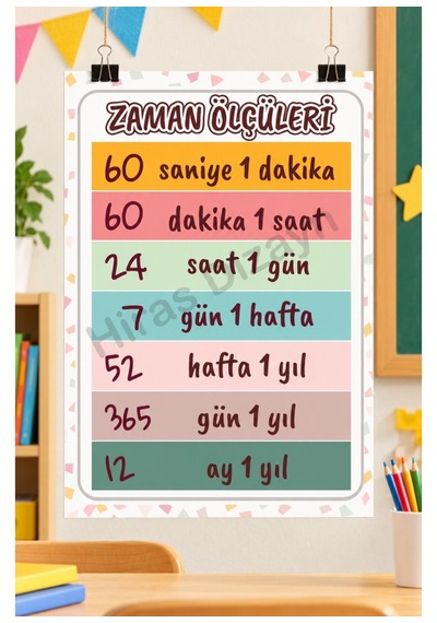 Hiras Dizayn Zaman Ölçüleri Eğitici Afiş A3, 30 42 Cm