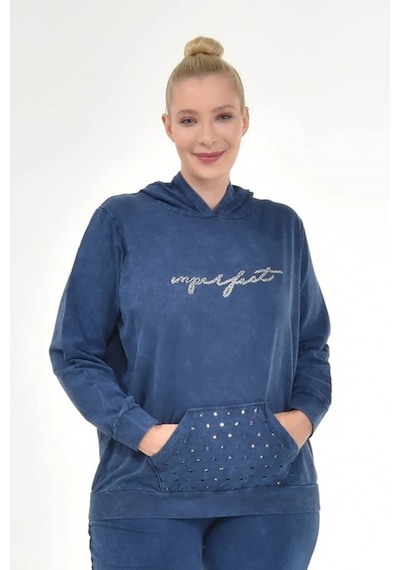 Mia Butik Kadın Büyük Beden İtalyan Yıkama Lacivert Kapşonlu Sweatshirt Lacivert