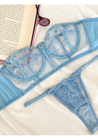 Arinda Candice Mavi Çiçek Desenli Brode İşlemeli Tek Renk Balenli Kapsız Askıları Çıkarılabilir Bralette Sütyen Tanga Alt Üst İç Çamaşırı Takımı 2 Parça Arinda Candice Mavi Çiçek Desenli Brode İşlemeli Tek Renk Balenli Kapsız Askıları Çıkarılabilir Bralette Sütyen Tanga Alt Üst İç Çamaşırı Takımı 2 Parça
