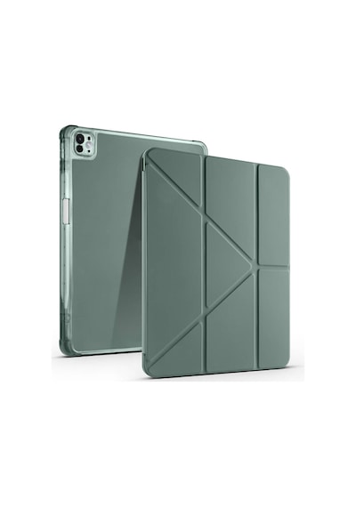 Maks Technology iPad Uyumlu Pro 13 2024 Kılıf Mkst Tri Folding Kalem Bölmeli Standlı Kılıf - Koyu Yeşil Tablet Kılıfı