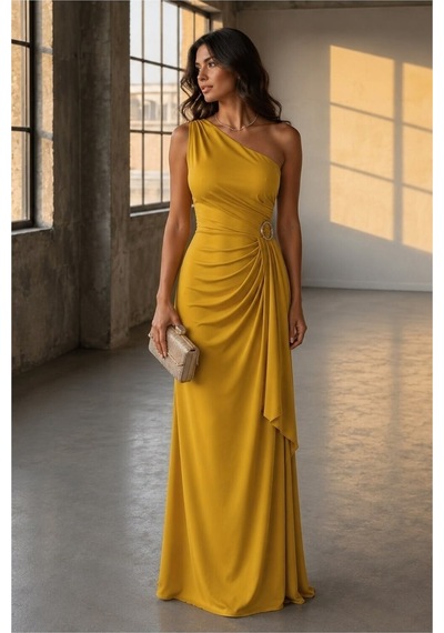DefyModa Kadın Modern Stil Tek Omuz Kemerli Maxi Abiye Elbise Sarı