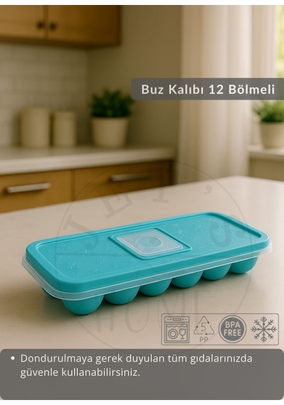 12 Bölmeli Buz Kalıbı Esnek Silikon Buz Küpü Bpa Free Kare Bas Parmak Buzluk Çapı 3,5 Cm Mavi Yeşil