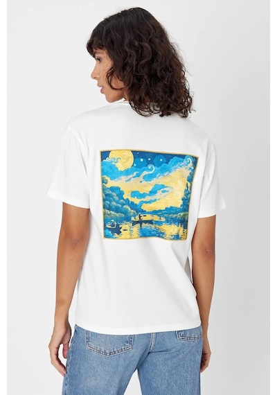 Yapay Zeka Tasarım Sırt Aplike Özel Baskılı %100 Pamuklu Penye Regular Fit T-shirt Vangogh Beyaz