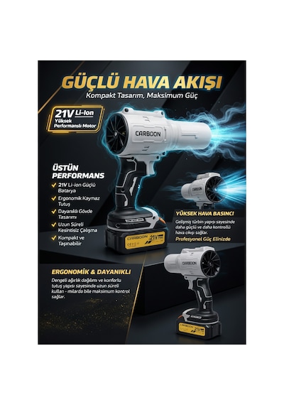 32.000 Rpm 21v Yüksek Performanslı Motor 300w 12000mah Kablosuz Hava Üfleyici Turbo Fan Bahçe & Araç Kurutma, Toz Temizleme Gri