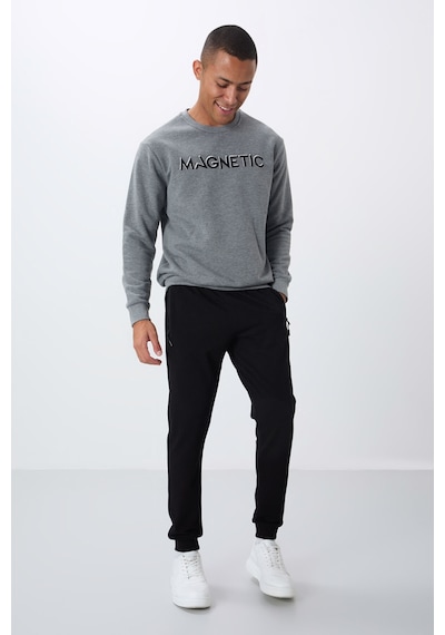 Tommy Life Gri Melanj Yazı Nakışlı O Yaka Rahat Form İçi Polarlı Erkek Sweatshirt - 88020 GRİ MELANJ