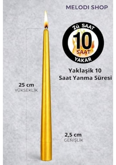 Gold Renk İnce Şamdan Mum Seti,25 Cm Uzunluk,10 Lu Paket, Dekoratif Taper, Şık Masa, Davet Ve Özel Gün Dekorasyonu İçin 50 x 22