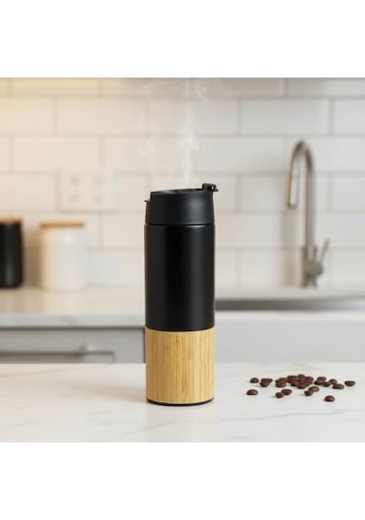 450 Ml Bambu Kaplamalı Çelik Termos - Sıcak Ve Soğuk Tutucu Sızdırmaz Mat Siyah Kahve Termosu Açık Beyaz