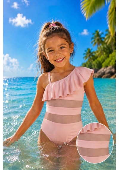My Kids Wear Kız Çocuk Fırfır Ve Tül Detaylı Tek Parça Mayo. 12836 Pudra