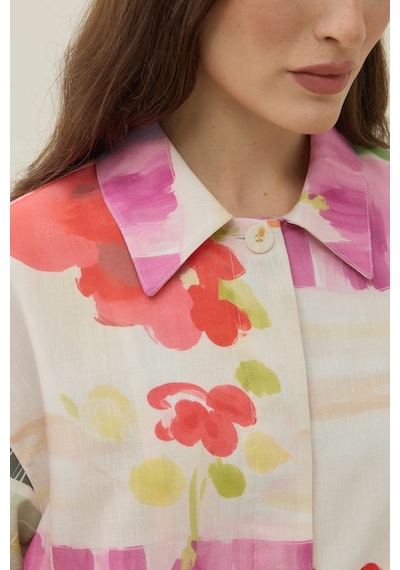 Molene Ekru Floral Tuval Desen Keten Bomber Ceket