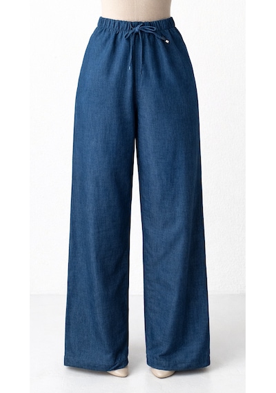 Blue Trend Kadın Düz Renk Yüksek Bel Büzgü Detaylı Pantolon Indigo