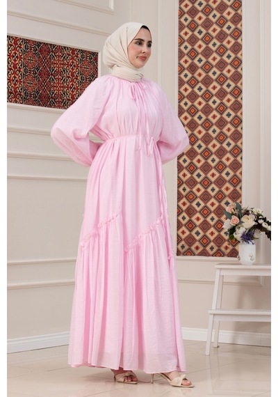 Sevitli Eteği Büzgü Detaylı Mira Tesettür Elbise-pembe-5736