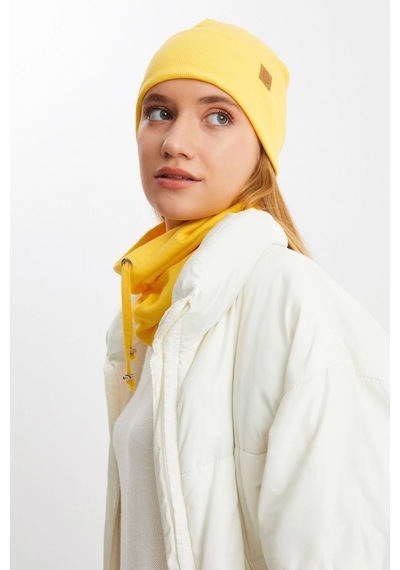 Butikgiz Kadın Balıkçı Style Pamuklu Kaşkorse Terletmez Ultra Hafif Yumuşak Bere Boyunluk Takım Sarı