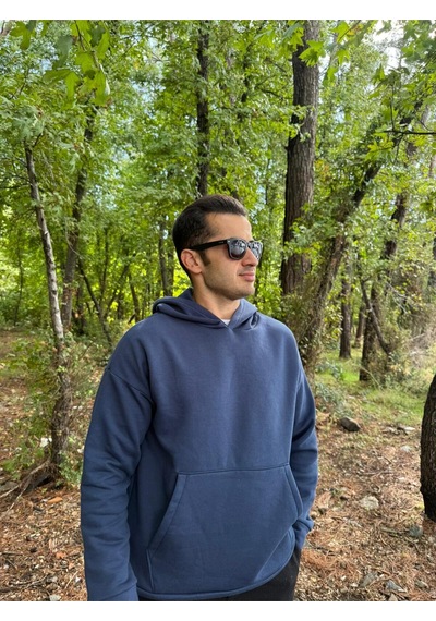 Erkek 3 İplik Basic Oversize Kanguru Cepli Kapüşonlu Sweatshirt Lacivert