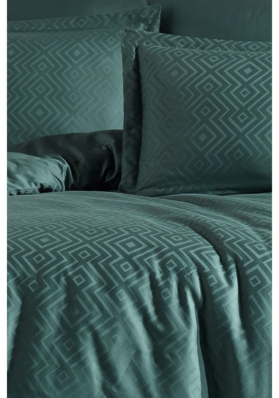 Jakarlı & Saten Çift Kişilik Nevresim Takımı - Geometrik Desen Çeyiz Seti- 200x220cm - Metis Yeşil Yeşil